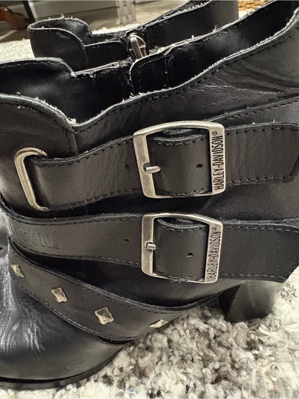 Harley-Davidson Black Leather Buckle Harness Boots with Studs